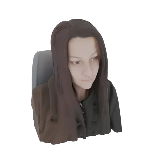 3D model render of a young woman with long brown hair sitting in a chair, looking slightly to the side.
