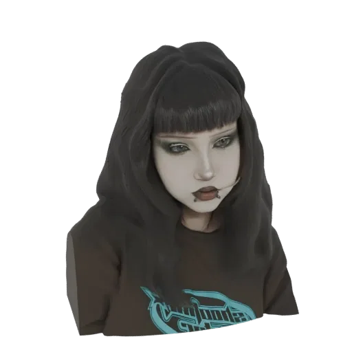 3D model of a gothic girl with dark hair, heavy eye makeup, and lip piercings, wearing a brown t-shirt with a blue graphic.