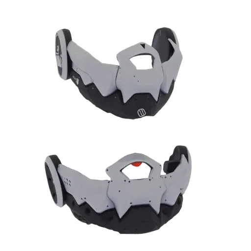 A 3D render of a futuristic cyberpunk mask with a red LED eye, presented against a black background.