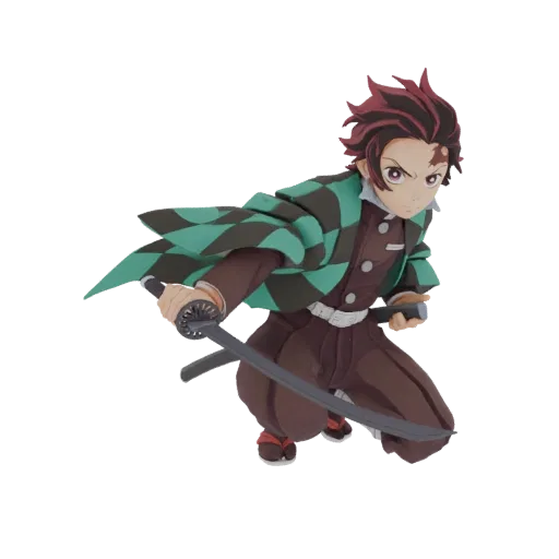 Modelo 3D de Tanjiro Kamado de Demon Slayer em pose de luta dinâmica, segurando duas espadas.