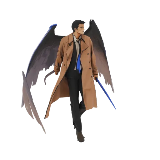 3D model of an angel warrior with large dark wings, wearing a tan trench coat and holding a blue glowing sword, looking to th