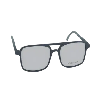 3D model of modern aviator eyeglasses with a dark frame and clear lenses, shown from a front-side angle.