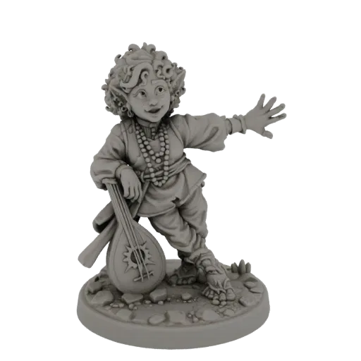 3D model of a cheerful gnome bard with curly hair, wearing a beaded necklace and holding a lute, standing on a rocky base.