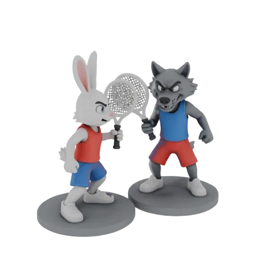 3D model of a cartoon rabbit and wolf in a tense tennis match, both holding rackets and ready to play.