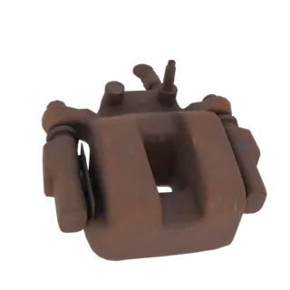 Modello 3D di una pinza freno posteriore sinistra arrugginita, che mostra texture metallica dettagliata e usura.