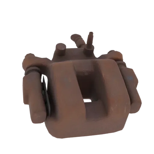 3D model of a rusty left rear brake caliper, showing detailed metal texture and wear.