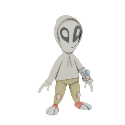 3D model of a stylized alien character wearing a light grey hoodie, khaki pants, and a futuristic sci-fi gauntlet on its left