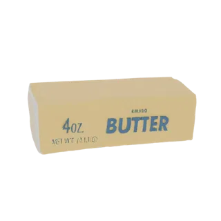 A 3D render of a classic butter stick with '4oz' and 'BUTTER' labels, presented on a white background.