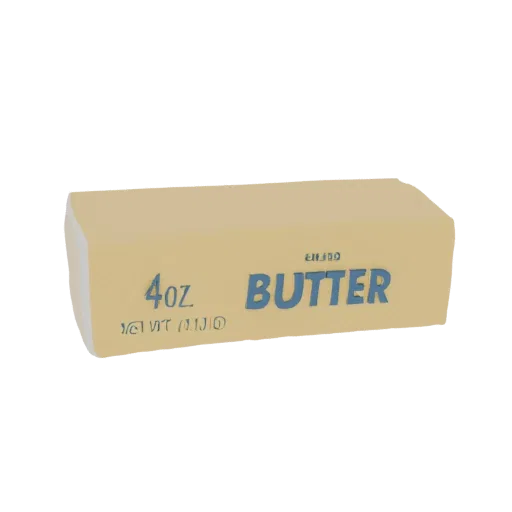 A 3D render of a classic butter stick with '4oz' and 'BUTTER' labels, presented on a white background.