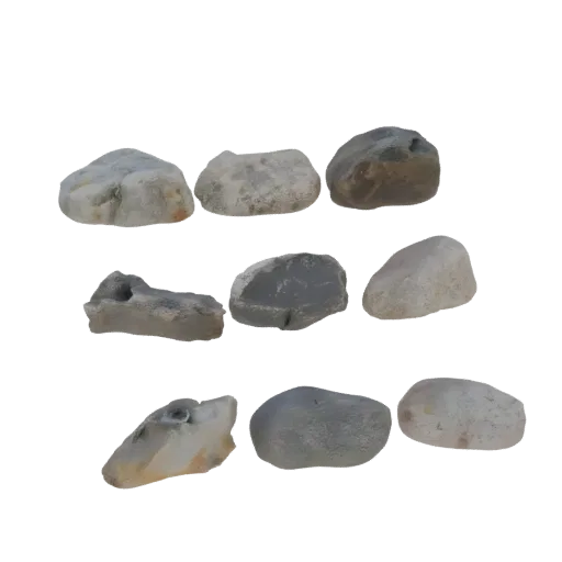 A 3D render of nine smooth, grey and white river stones arranged together on a plain background.