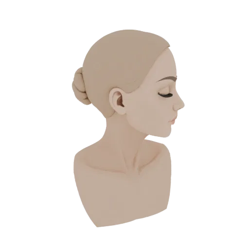 Rendu 3D d'un buste féminin stylisé de profil, yeux fermés et chignon, sur fond blanc.
