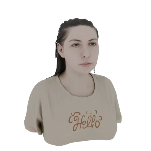 3D model of a woman with dark hair wearing a beige t-shirt with 'Hello' printed on it, shown from the bust up.