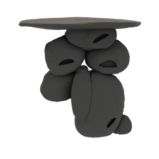 Modello 3D di un dolmen di pietra scura con una grande lastra superiore e aperture scolpite, su sfondo bianco.