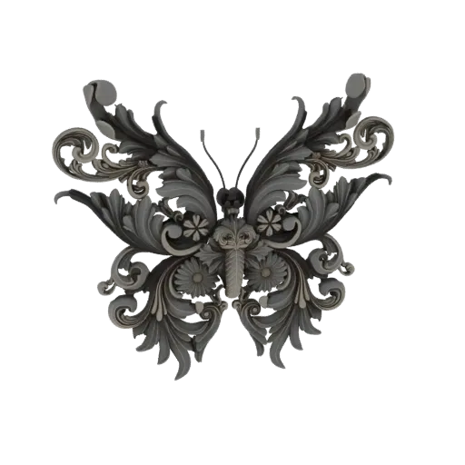 3D model of a butterfly with intricate Baroque-style carvings and filigree, rendered in a dark metallic finish.