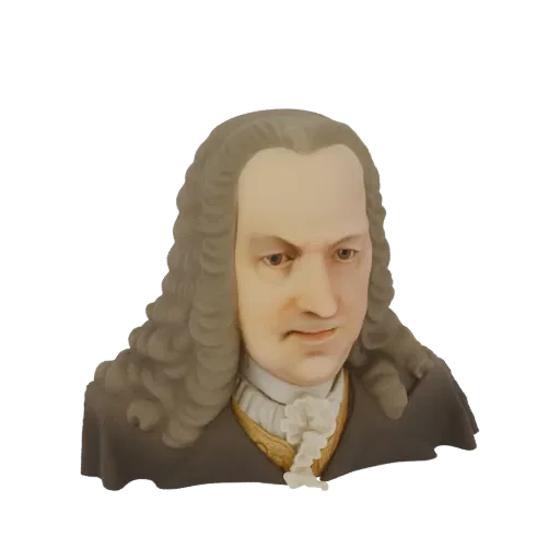 3D model bust of composer Johann Sebastian Bach, featuring a powdered wig and ruffled cravat, rendered with realistic detail.