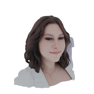 Modelo 3D de una mujer elegante con cabello castaño ondulado, vistiendo un blazer blanco y un collar, sobre un fondo blanco.