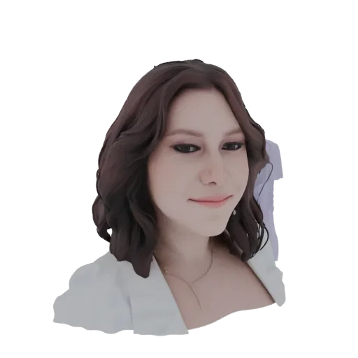 Modello 3D di una donna elegante con capelli castani mossi, che indossa un blazer bianco e una collana, su sfondo bianco.