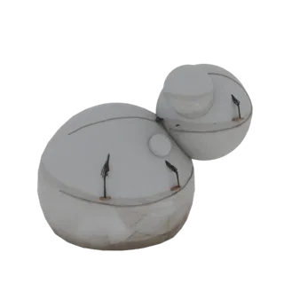 Una renderización 3D de dos esferas abstractas e interconectadas con una sutil superficie texturizada, presentada sobre un fo