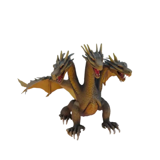 A 3D model of a fearsome three-headed dragon with golden wings, sharp claws, and menacing red eyes, posed dynamically.