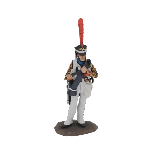 Modelo 3D de um tambor napoleónico uniformizado, segurando baquetas e um tambor, em pé sobre uma base.