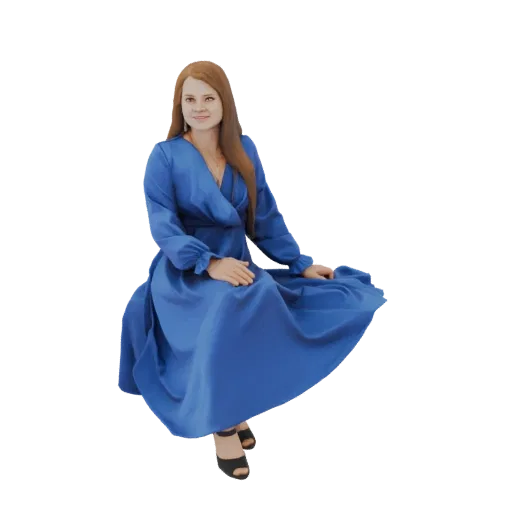 3D model of a woman with long brown hair, wearing a long, flowing royal blue dress, seated gracefully.