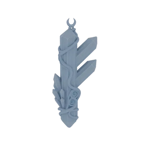 3D model render of a light blue crystal cluster pendant with a crescent moon at the top and a vine wrapped around it.
