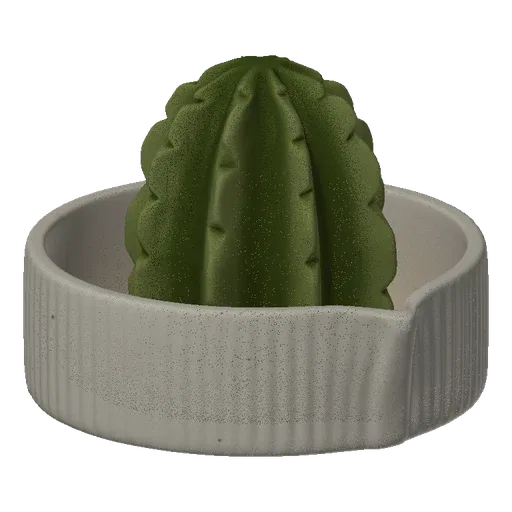 A 3D render of a stylized green cactus with prominent ridges, sitting in a simple white pot against a black background.