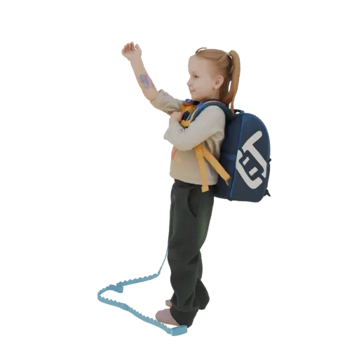 3D model of a young girl with a backpack and a blue safety leash, waving her hand.