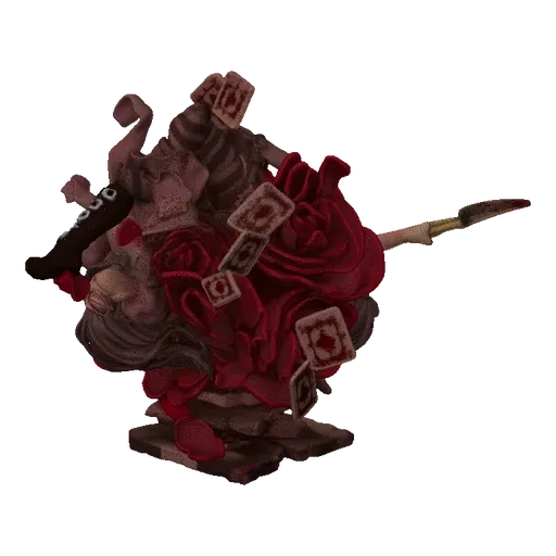 3D model of a Rose Queen character inspired by Alice in Wonderland, depicted with red roses and playing cards in a dynamic po