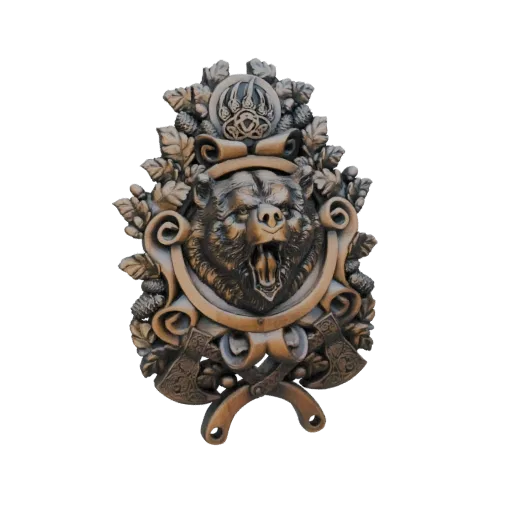 3D model of a ferocious bear head with an open mouth, surrounded by a laurel wreath and two crossed axes, rendered in a metal