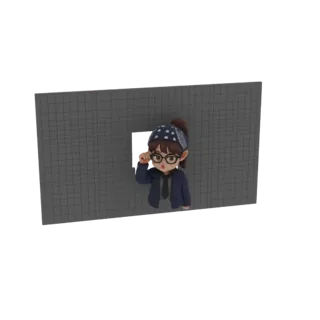 3D-Modell eines süßen Chibi-Mädchens mit Brille und Bandana, das durch ein quadratisches Loch in einer grauen Wand mit Gitter