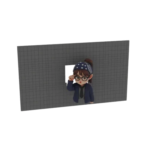 3D model of a cute chibi girl with glasses and a bandana peeking through a square hole in a grey grid-patterned wall.