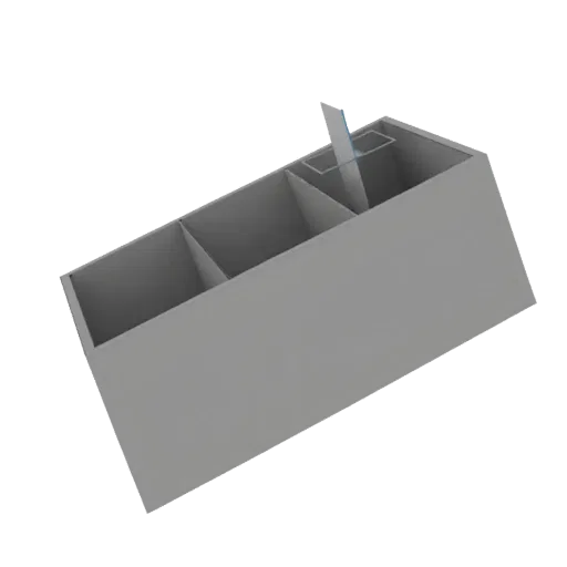 A 3D render of a gray, multi-compartment desk organizer with a modern, minimalist design, shown against a white background.