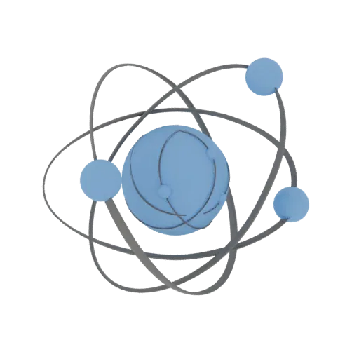 A 3D render of a stylized atomic model with a blue nucleus and three orbiting blue electrons on grey elliptical paths.