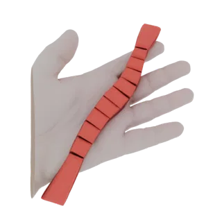Un rendering 3D di un oggetto segmentato color corallo appoggiato su una mano umana stilizzata e pallida su sfondo bianco.