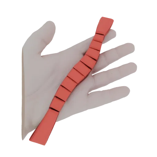 Renderização 3D de um objeto segmentado, cor de coral, sobre uma mão humana pálida e estilizada em fundo branco.