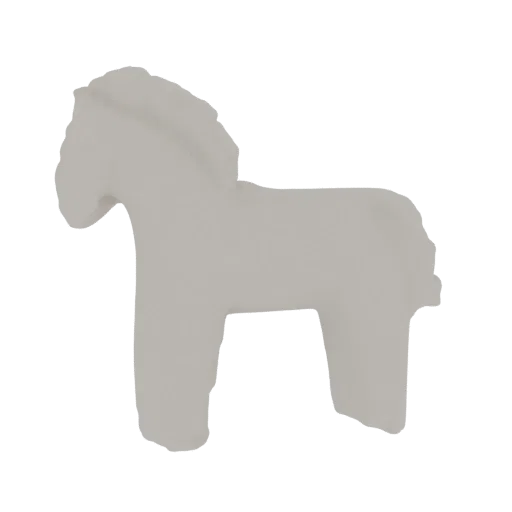 A 3D render of a stylized, matte white horse figurine with a simplified, sculptural design.