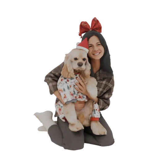 3D model of a smiling woman holding a dog wearing a Christmas sweater and Santa hat, both in festive holiday attire.