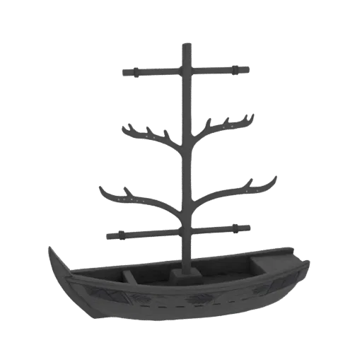 3D model of a dark gray, ornate ship with a tree-like mast designed for hanging jewelry, against a white background.