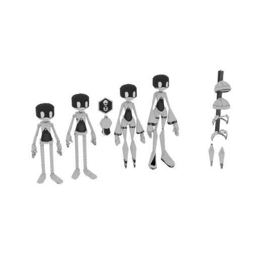 Un rendu 3D d'une collection de robots stylisés de différentes tailles, avec des composants modulaires séparés affichés à dro