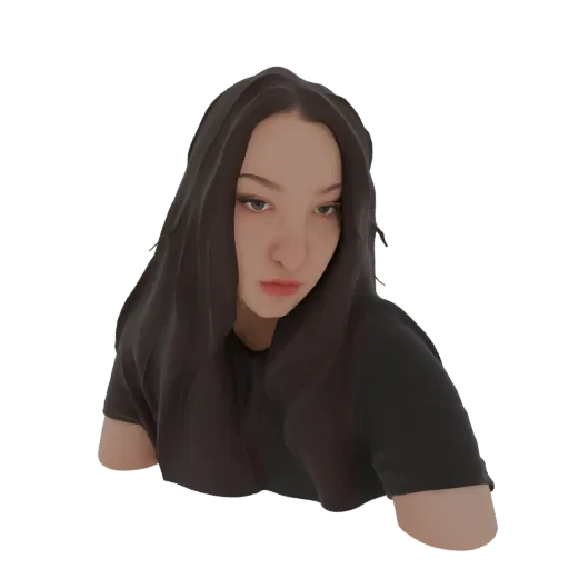 3D model of a mysterious woman wearing a dark hood, with her face partially visible and an enigmatic expression.