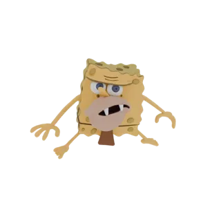 Una renderización 3D de una versión cavernícola de Bob Esponja, con grandes colmillos y un taparrabos, en una pose dinámica.