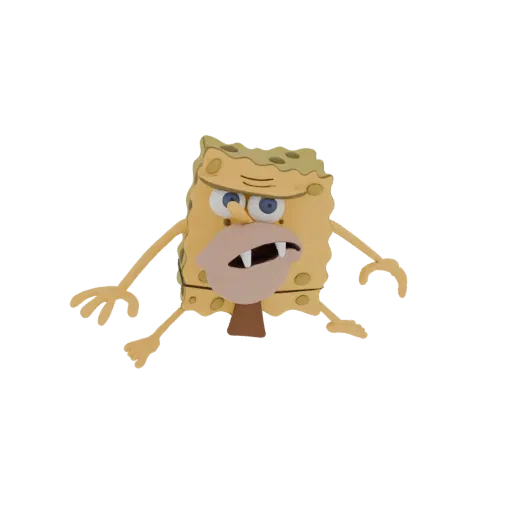 Ein 3D-Rendering einer Höhlenmensch-Version von Spongebob Schwammkopf mit großen Hauern und einem Lendenschurz in einer dynam