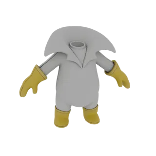 Modelo 3D de un traje hazmat estilizado, redondeado y gris con cuello grande y guantes y botas amarillos brillantes, sin cabe