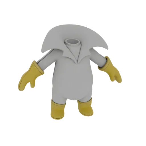 3D model of a stylized, rounded gray hazmat suit with a large collar and bright yellow gloves and boots, no head.