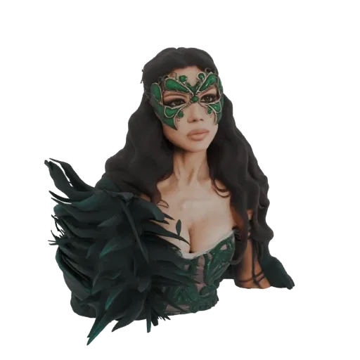 3D model of a mysterious woman wearing an ornate green masquerade mask and a dark green feathered costume, presented as a bus