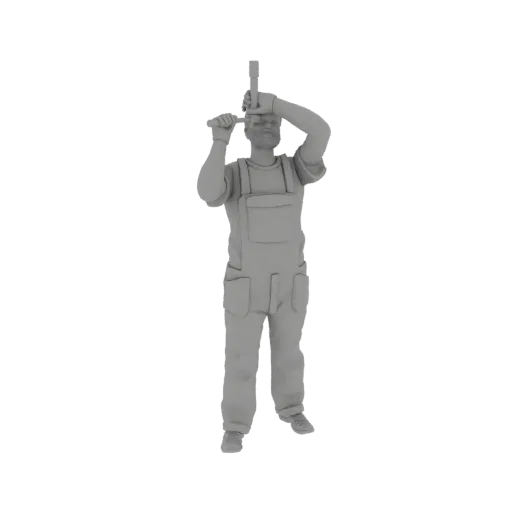 Modelo 3D de um homem barbudo vestindo macacão e segurando uma ferramenta, representado em um material cinza neutro.