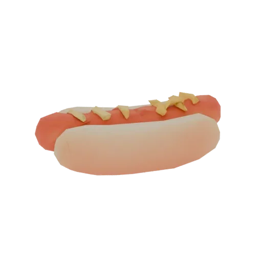 Minimalist 3D hot dog with mustard, side view, on white background