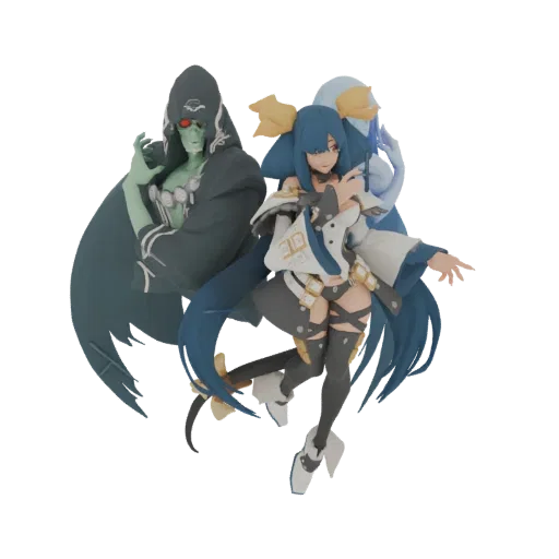 3D model of a dark gothic sorceress with a hooded cloak and red eyes, standing next to a translucent light-blue ethereal comp