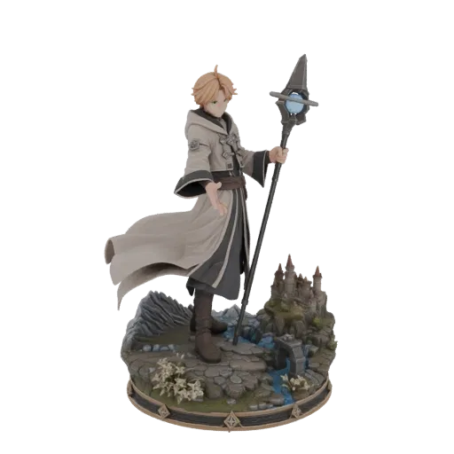 3D model of a fantasy mage with a staff, standing on a diorama base with a castle and waterfall, against a white background.